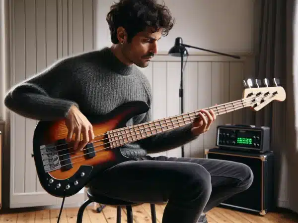 Beginner bassist practicing with metronome in a norwegian studio beside drums