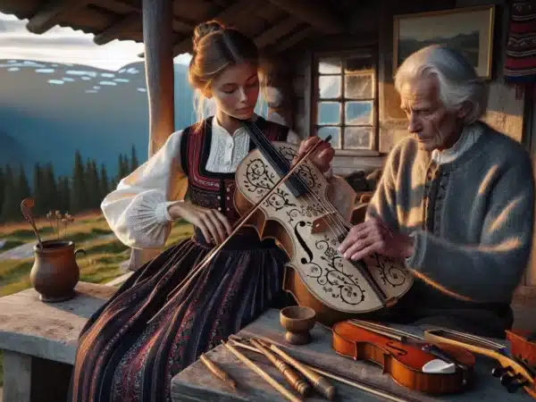 Musician plays hardanger fiddle as craftsman carves langeleik on mountain farm