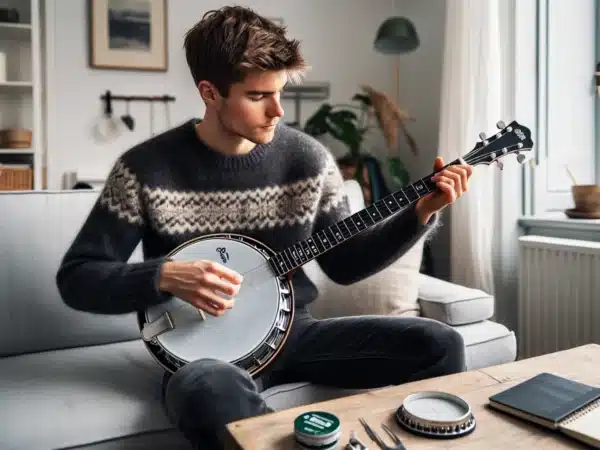 Norwegian beginner practicing five string banjo with fingerpicks in a sunlit apartment
