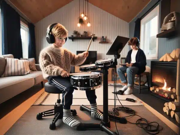 Norwegian child practicing electronic drums with headphones in a cozy living room