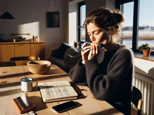 Norwegian woman practicing g diatonic harmonica with tabs in warm winter light