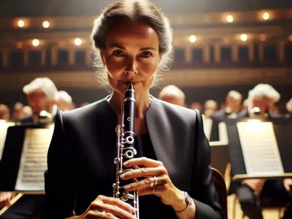 Principal oboist gives tuning a in a warm scandinavian style concert hall