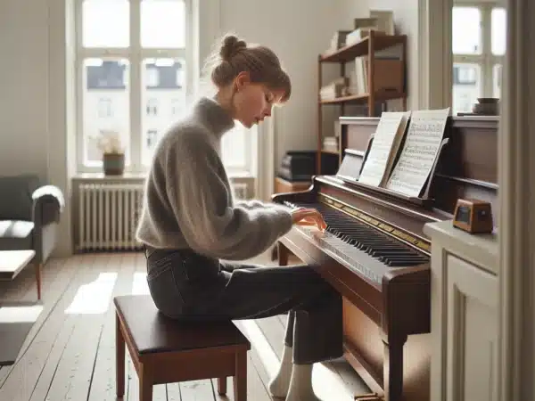 Adult woman in a norwegian home learning to read beginner piano sheet music