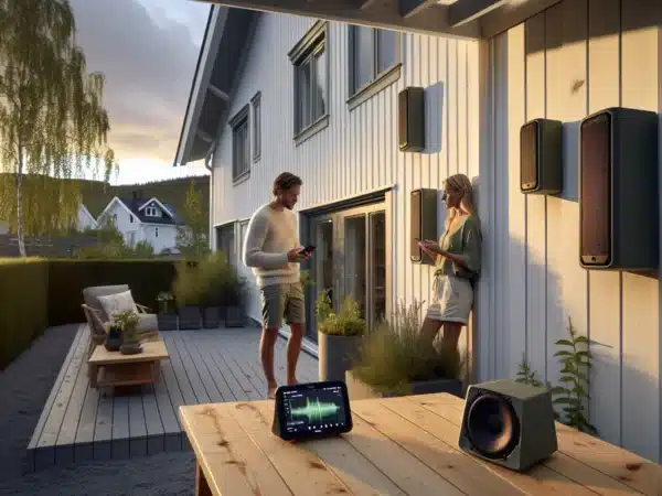 Couple in a norwegian garden choosing between wall mounted and portable outdoor speakers
