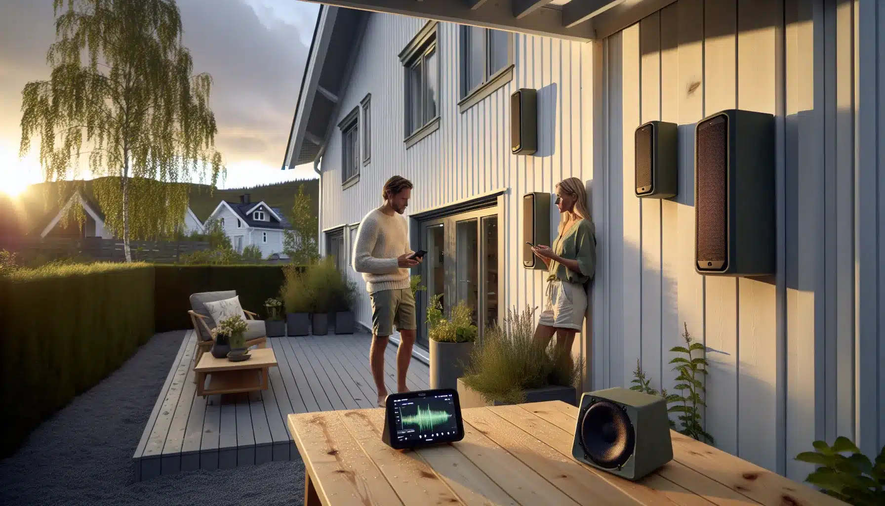 Couple in a norwegian garden choosing between wall mounted and portable outdoor speakers