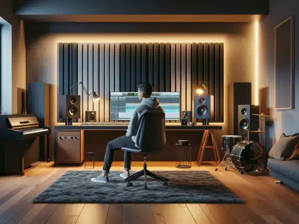 Modern norwegian home music room with layered led lighting and instruments