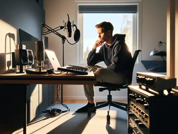Norwegian man choosing microphones and audio interface in a cozy home studio