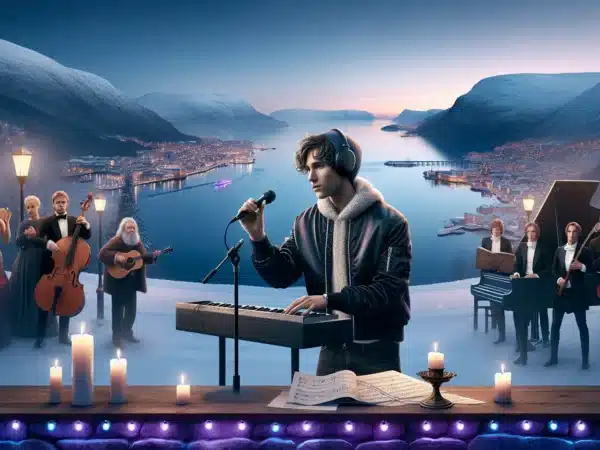 Norwegian musicians from different eras set against a dramatic fjord and stage