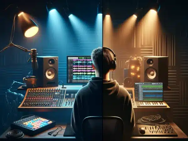 Norwegian producer remixing on laptop contrasted with singer recording an acoustic cover