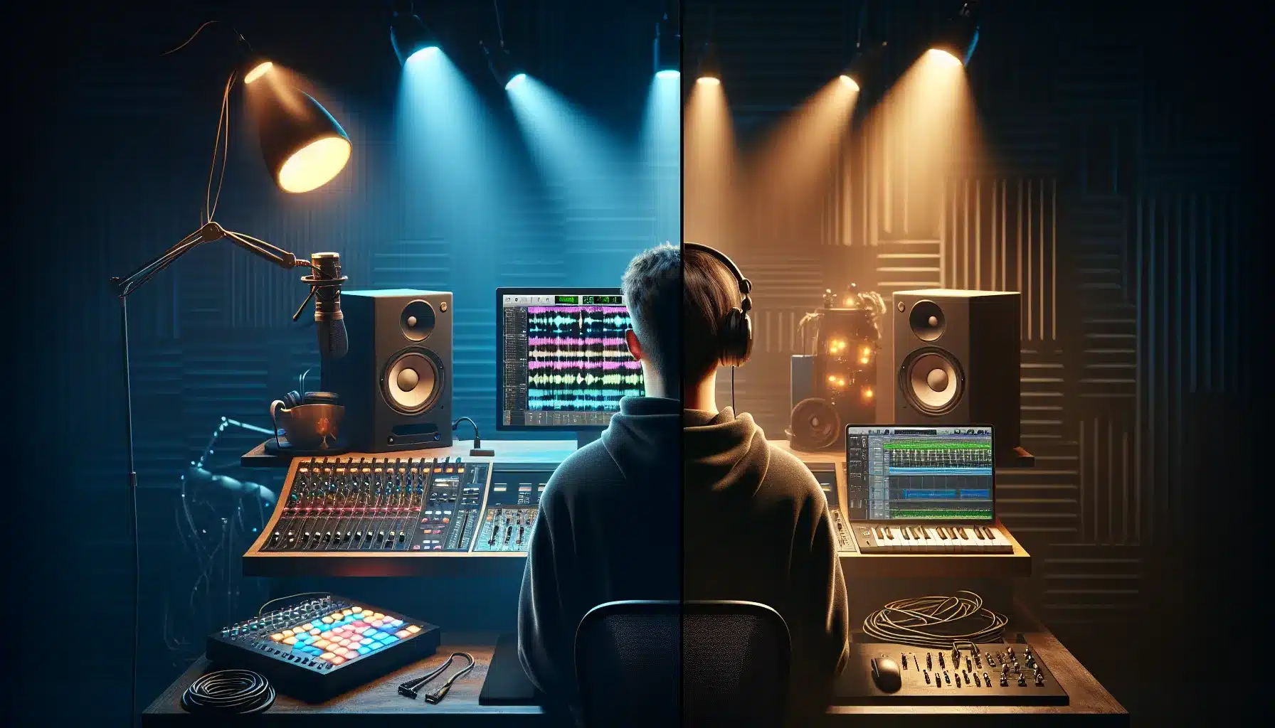 Norwegian producer remixing on laptop contrasted with singer recording an acoustic cover