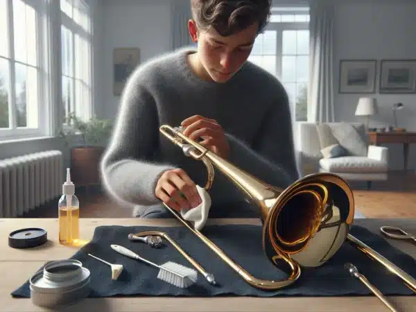 Norwegian teen carefully cleaning a trombone slide with cloth and lubricant indoors