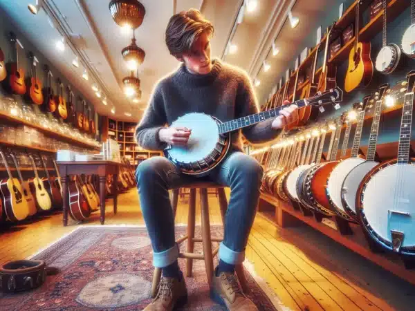 Nybegynner i norsk musikkbutikk pr ver en 5 strengers bluegrass banjo med resonator