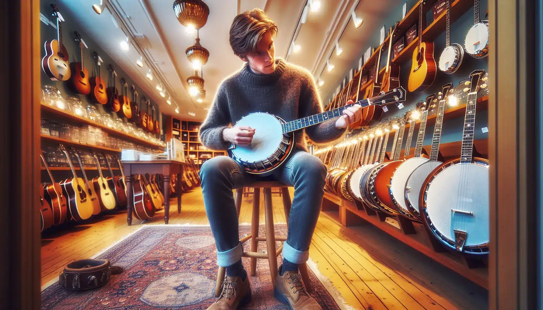 Nybegynner i norsk musikkbutikk pr ver en 5 strengers bluegrass banjo med resonator