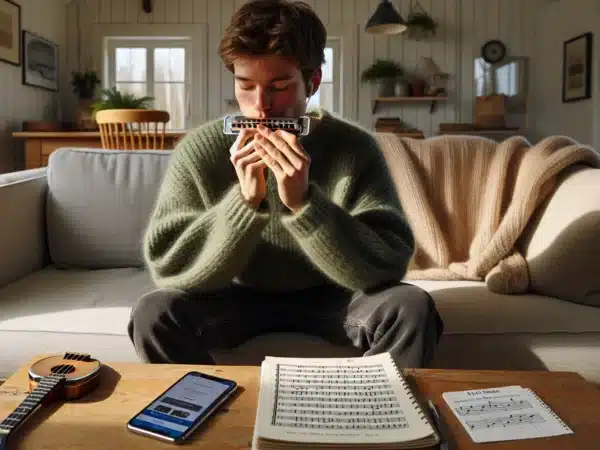 Young adult in norway practicing beginner harmonica exercises in a cozy living room