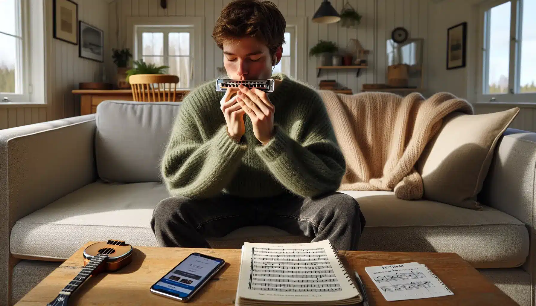 Young adult in norway practicing beginner harmonica exercises in a cozy living room