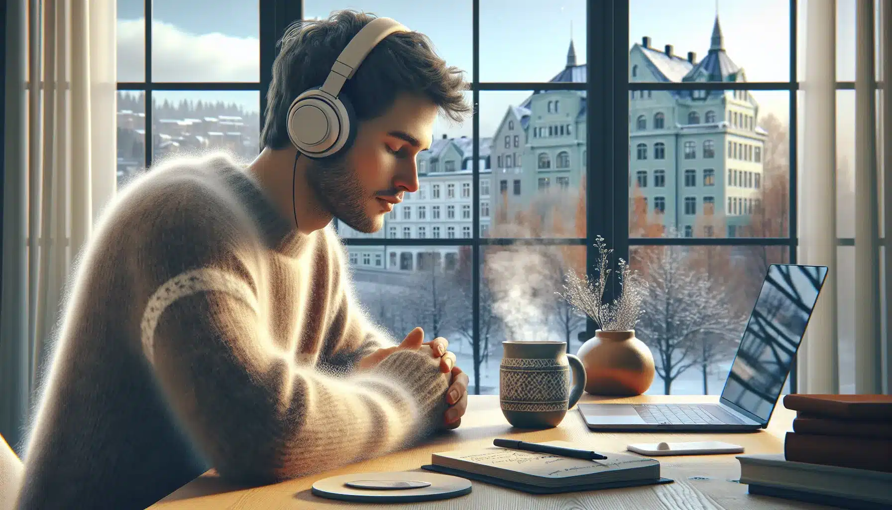 Young adult in norwegian apartment relaxing with headphones music lifting their mood