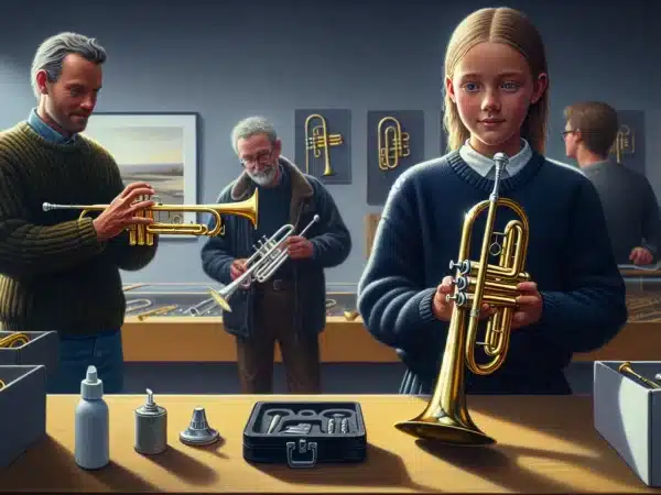 Young girl and experienced man comparing beginner and professional trumpets in a norwegian music sho
