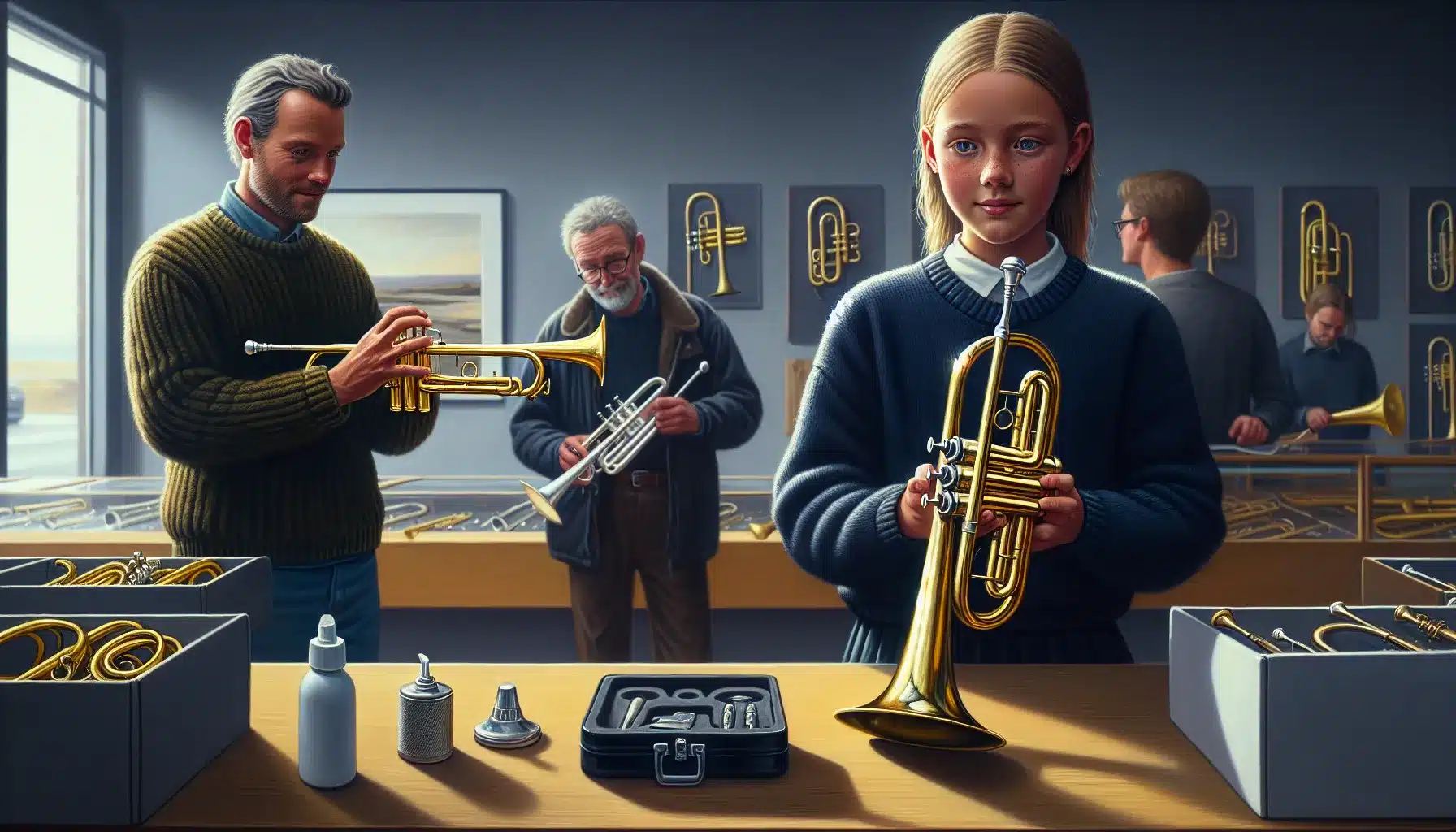 Young girl and experienced man comparing beginner and professional trumpets in a norwegian music sho