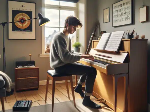 Young norwegian musician using music theory sheets while practicing piano at home