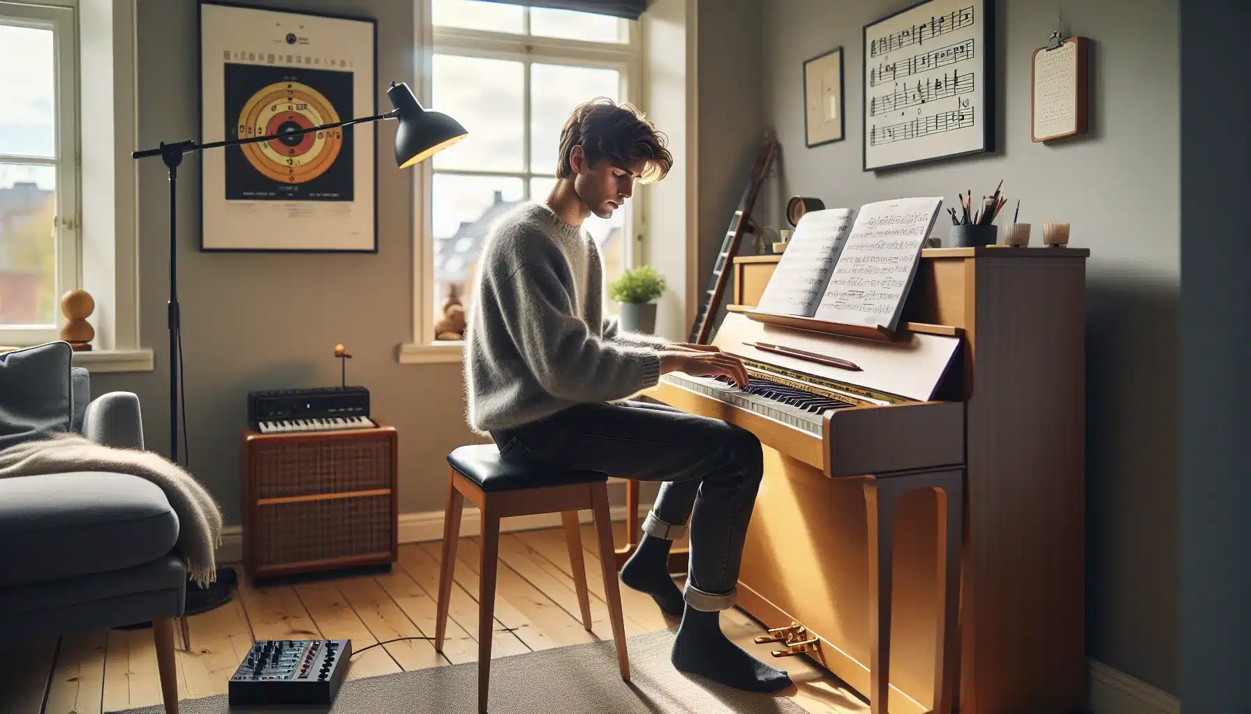 Young norwegian musician using music theory sheets while practicing piano at home
