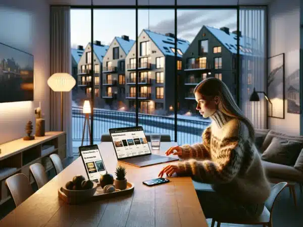 Young norwegian woman comparing music streaming apps on laptop and phone at home