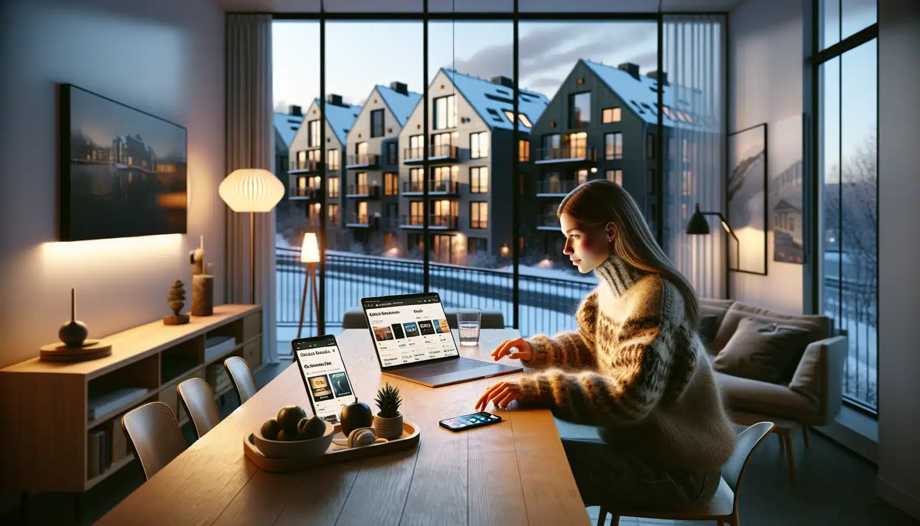 Young norwegian woman comparing music streaming apps on laptop and phone at home