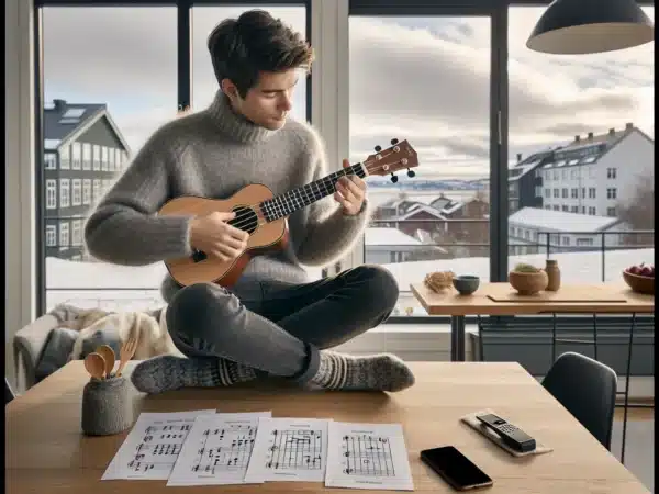 Young person in a norwegian home learning simple songs from ukulele chords and tabs