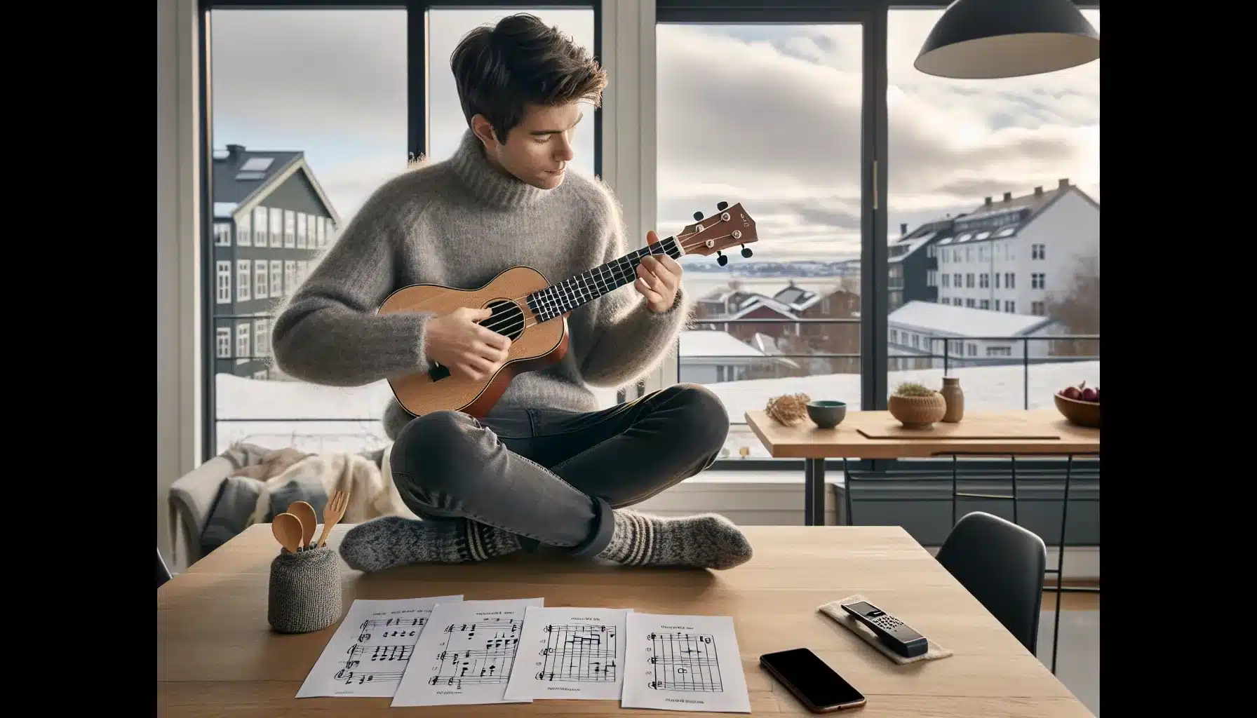 Young person in a norwegian home learning simple songs from ukulele chords and tabs